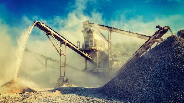 Crushed aggregate stockpiles at a stone crushing plant