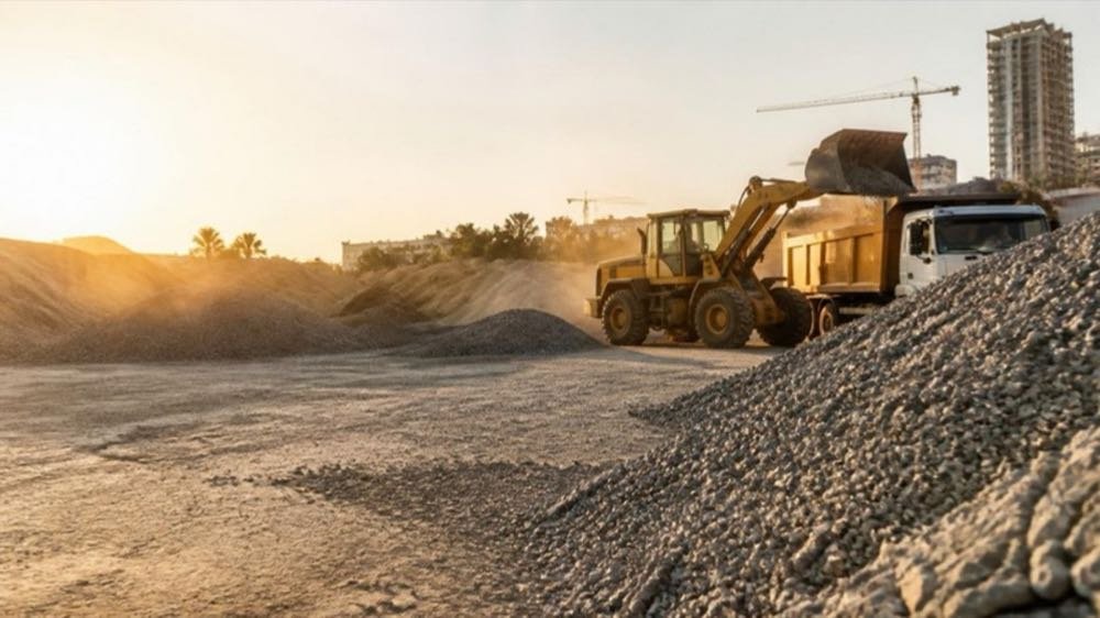 Aggregate supply yard in Mumbai with a loader filling a tipper truck with crushed stone