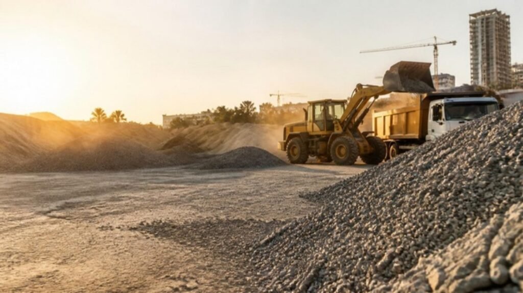 Aggregate supply yard in Mumbai with a loader filling a tipper truck with crushed stone